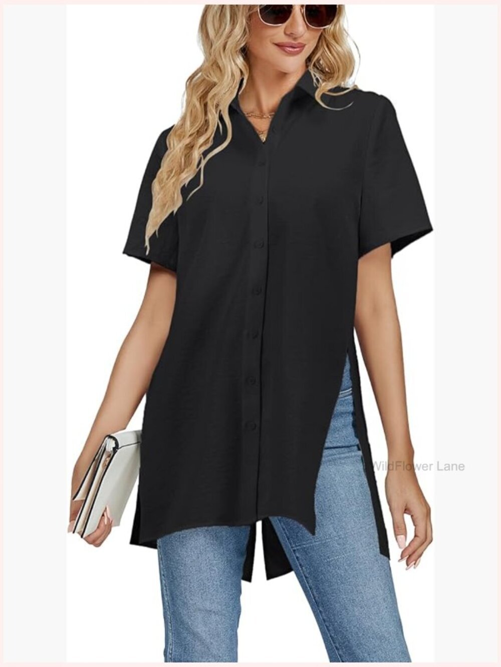 Womens Collar V Neck Split Hem Button Down Short Sleeve Long Shirt Blouse Tunic